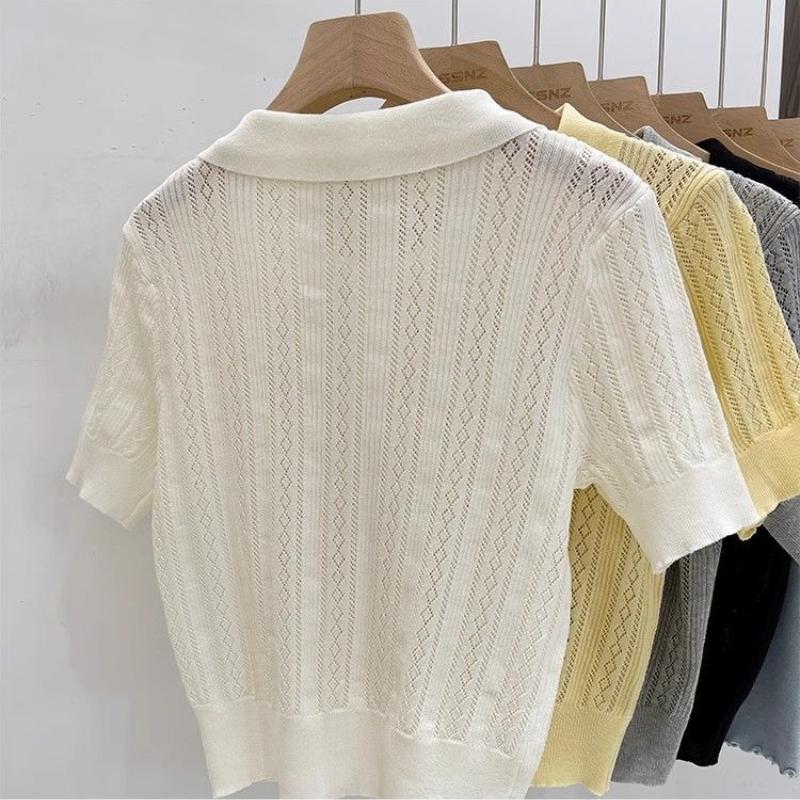 Solid Knitted T-shirts Hollow Out Thin Spring Summer Sweet T Shirt for Women Korean Elegant Top