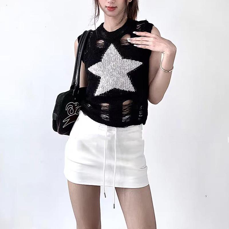 Fashion Sleeveless Sexy Women Ripped Design Shirt O-neck Loose Casual Hollow Out New Casual O Neck Vest Slim Fit Knitted Hole Star TopsY2k Tank Top
