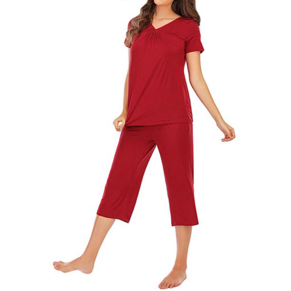 Women Sleepwear Set V Neck Top Pants Modal Pajamas Nightwear