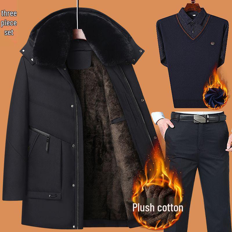 Dad's Winter Outfit: Velvet Thickened Cotton Jacket for Middle-Aged Men, Warm Mid-Length Padded Jacket for 50+