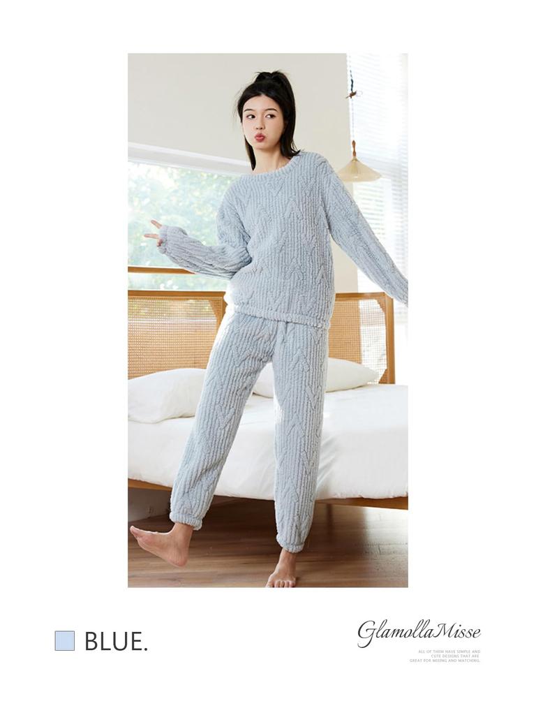 GlamollaMisse Pajama and Flannel Top and Crew Long and Long Pants with Elastic and Slimming Loungewear for and Winter Women's Set, V-Shaped