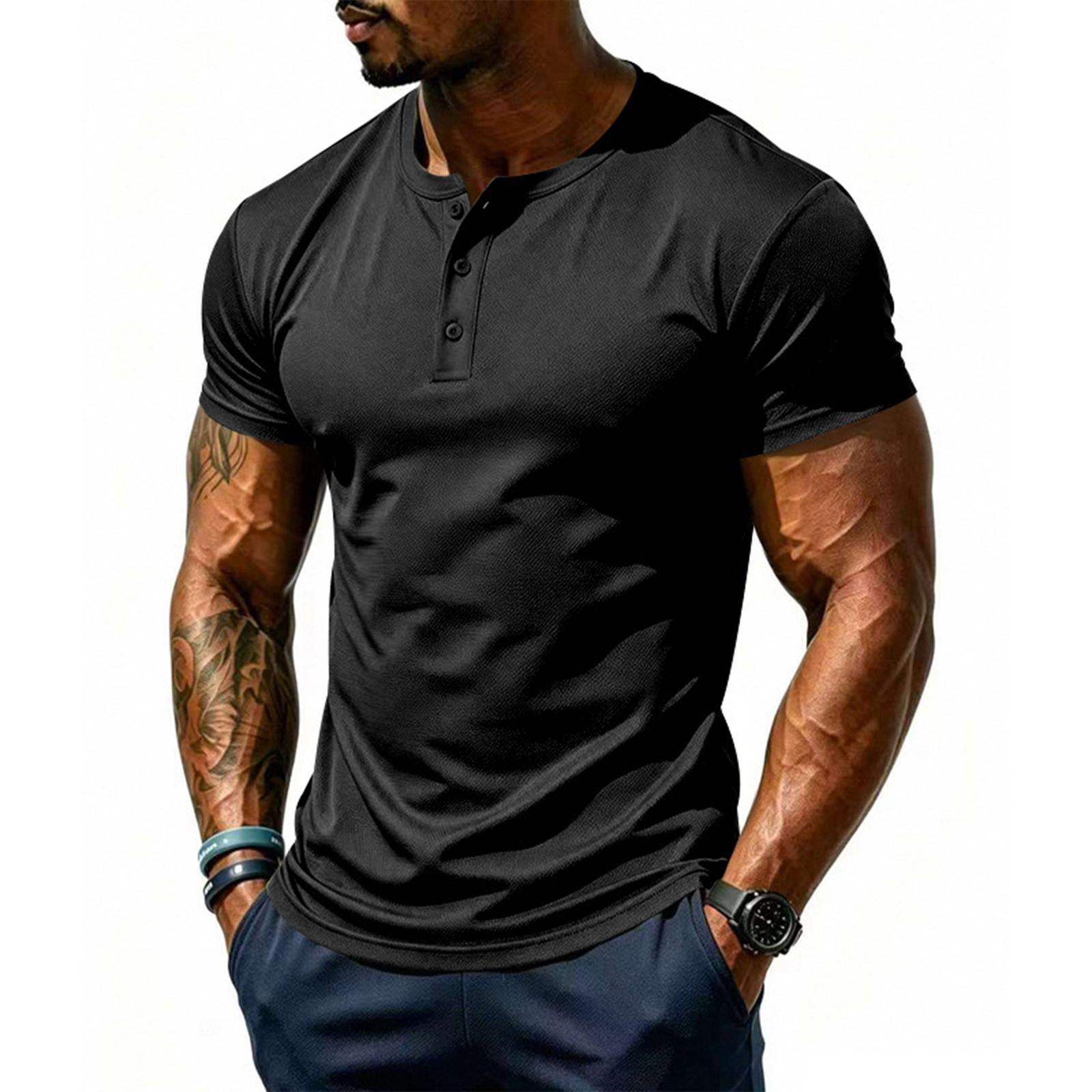 Мужская летняя дышащая сетчатая рубашка-henley с коротким рукавом, быстросохнущая, легкая спортивная футболка с воротником на пуговицах XXXL чёрный