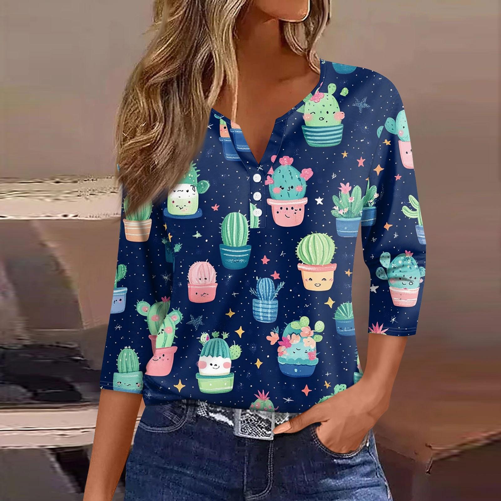 

Женская мода пуговиц V-образный вырез семь рукавов милый кактус принт повседневный топ XL небесно-голубой