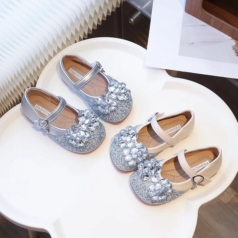 2024 Children Leather Shoes for Girls Autumn New Princess Style Fashion Comfortable Anti-slippery Elegant Rhinestone Party Shoes