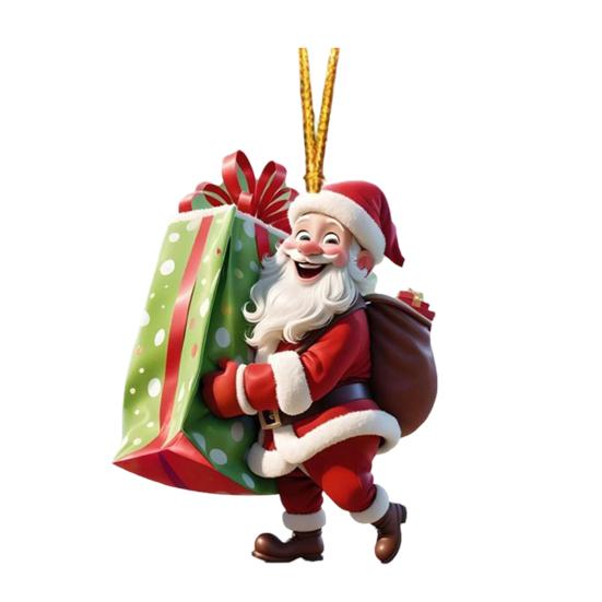 Christmas Ornament Smiling Santa Claus Holding Gift Pendant 3D Effect Acrylic Hanging Pendant Festive Home Decor
