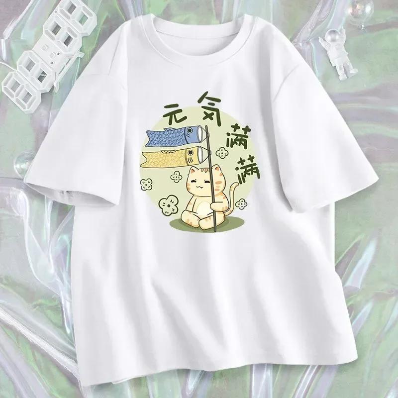 Korean Fashion Tees Summer Kawaii T-shirt Japanese Cartoon Cute Cat Short Sleeved Tshirt Pet Graphic Blouse Streetwear Clothes