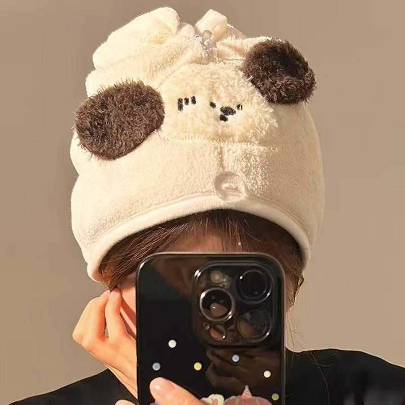 Soft Coral Fleece Hair Drying Cap Women With Cute Dog Quick Dry Absorbent Towel Hat