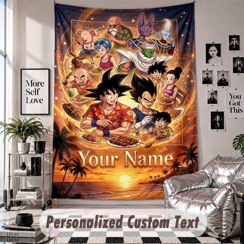 Wall Hanging Tapestry With Custom Name & Text, Dragon Ball Decorative Tapestry For Bedroom