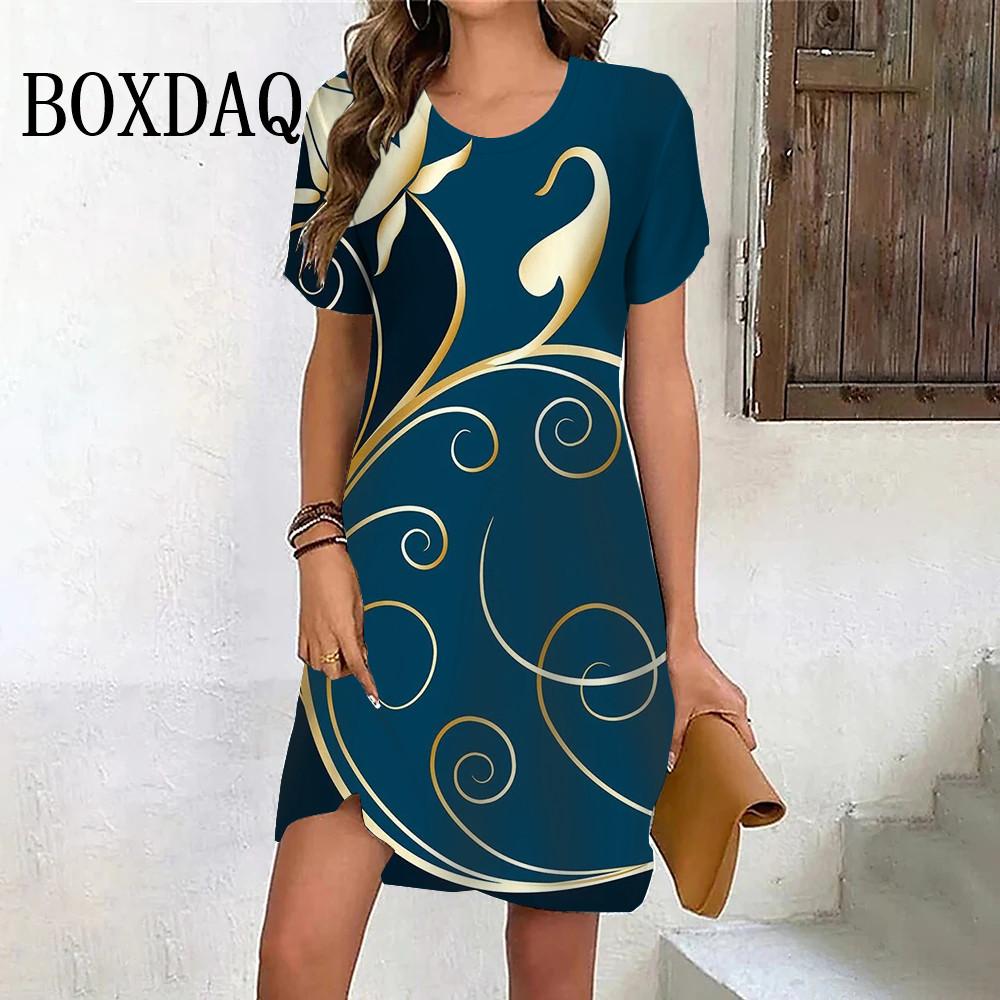 Purple Flowers Print Dresses For Women Summer Vintage Short Sleeve Mini Dress Casual Pullover O-Neck Plus Size Sundress