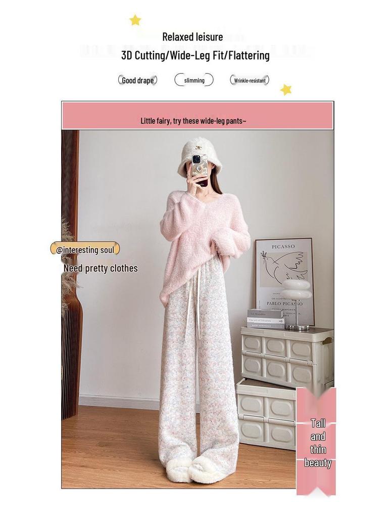 Women's Fleece-Lined Rainbow Sticky Rice Wide-Leg Pants: Warm High-Waist Casual Knitted Trousers for Autumn Winter