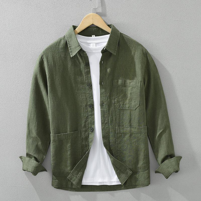 Spring and Summer Cotton Linen Long Sleeve Men Shirt Chinese Style Casual Shirts Lapel Collar Solid Color Button Up Shirt Multi Pocket Overshirt