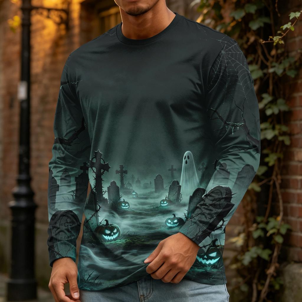 Men's Halloween Print Crewneck Long Sleeve T-Shirt for Casual Wear