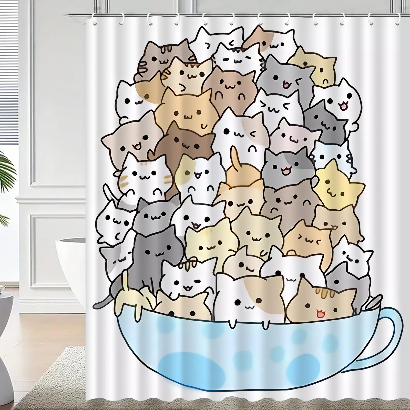 Cute Cats in Cup Shower Curtain: Embrace the Adorable Design, Soft Fabric, and Cozy Vibes for Your Charming Bathroom W90XH180cm