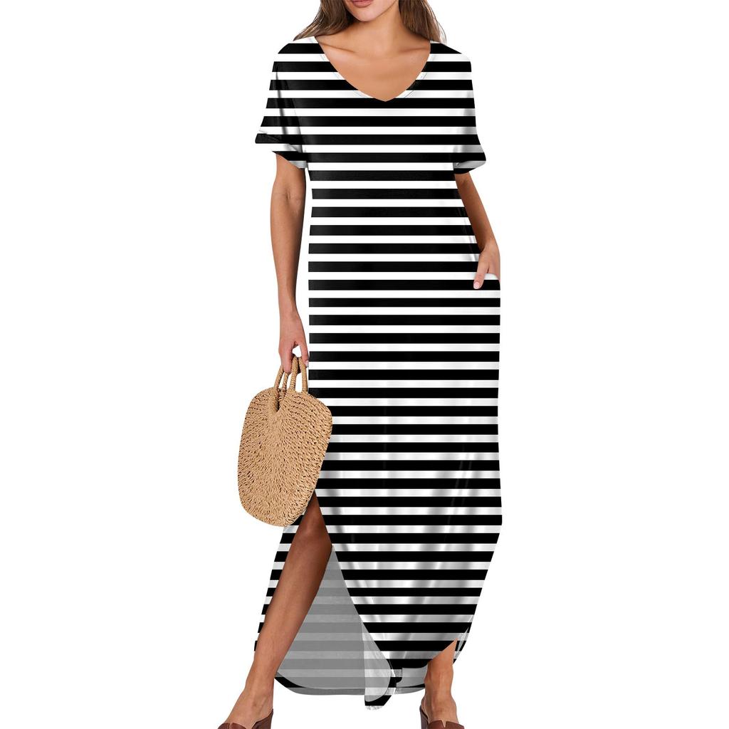 Dámske letné ležérne plážové maxi dlhé šaty s voľným výstrihom do V, krátkym rukávom Trendy outfity
