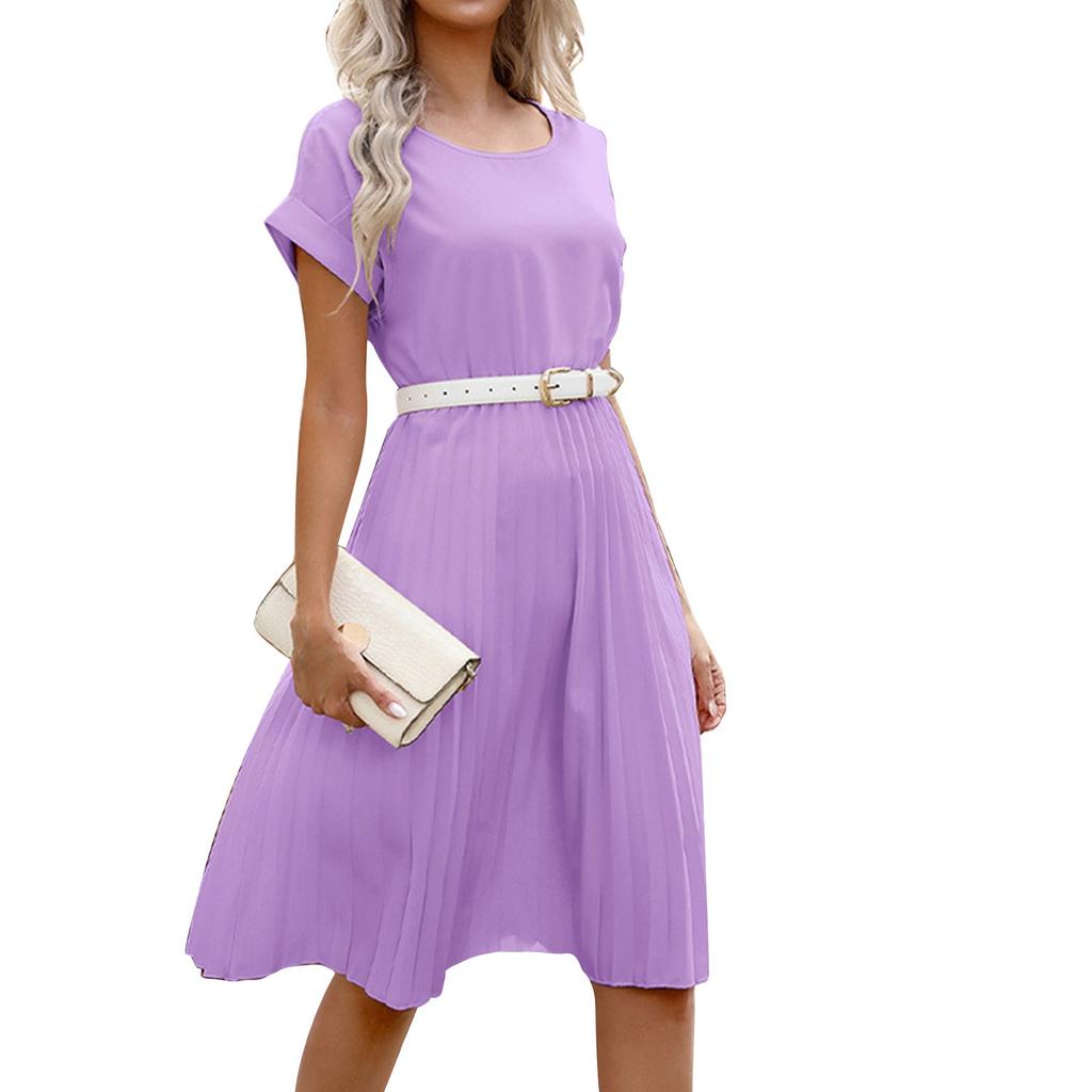 Women's Dresses Solid Color Round Neck Short Sleeve Pleated Dresses Casual Temperament Tunic Dresses