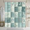 Vintage Floral Grid Bath Curtain - 3x3 Squares, Delicate Line Drawings, Pastel Green, 1950s Design, Polyester,  Bath Decor
