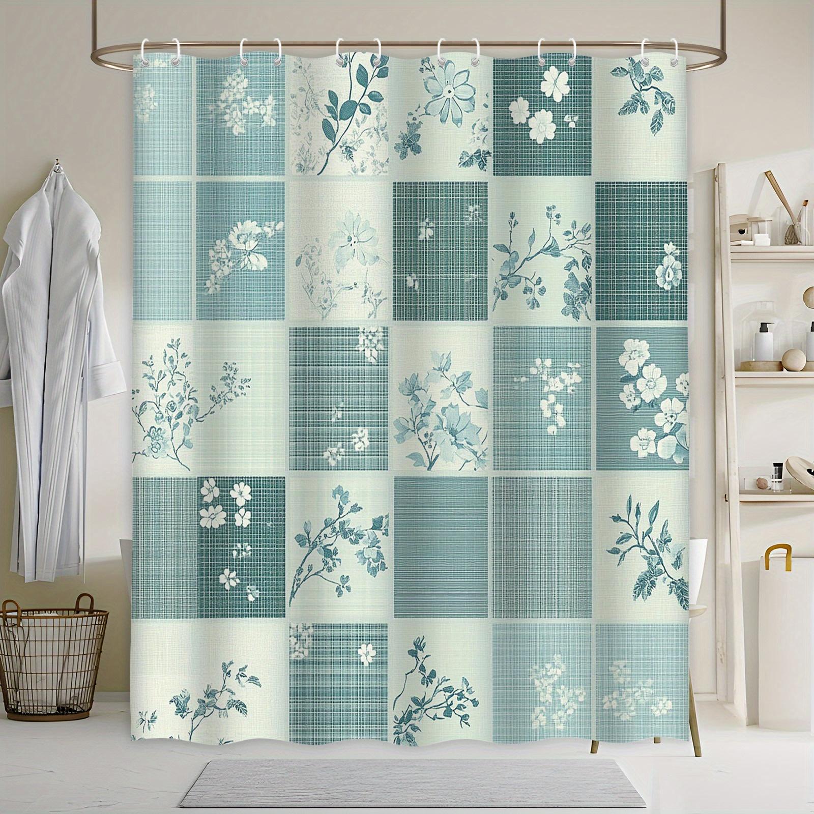 

Vintage Floral Grid Bath Curtain - 3X3 Squares, Delicate Line Drawings, Pastel Green, 1950S Design, Polyester, Bath Decor W60H190(CM)-1 Pcs