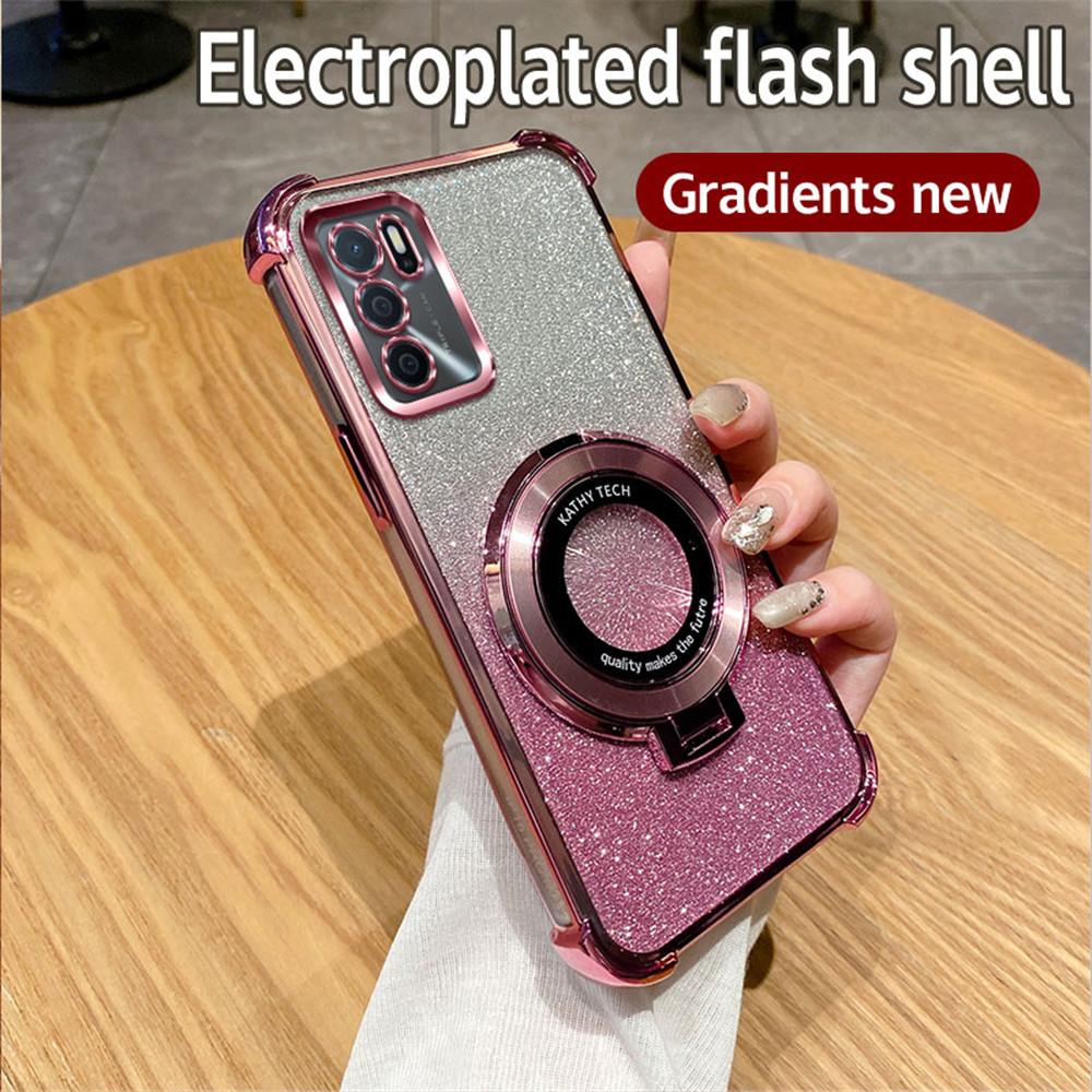 Glitter Shockproof Plating Bracket Phone Holder Case For OPPO A16 A16S A17 A15 A53 A36 A76 A5 A9 2020 A54S A53S Soft Stand Cover