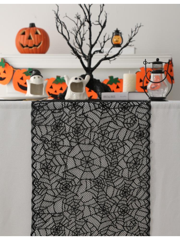 1pc Black Polyester Lace Spider Web Table Runner | American Halloween Party Gift Home Dining Decor, Ghost Festival, Festive Tabletop Accessory