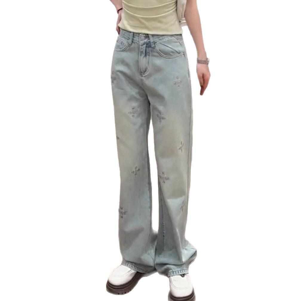 Spring 2025 Women's High-Waist Embroidered Light Wash Wide-Leg Jeans