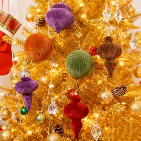 4Pcs Velvet Christmas Ball Ornaments Plastic Flocked Decor with Metal Hangers Holiday Home Decorations for Tree Mantel