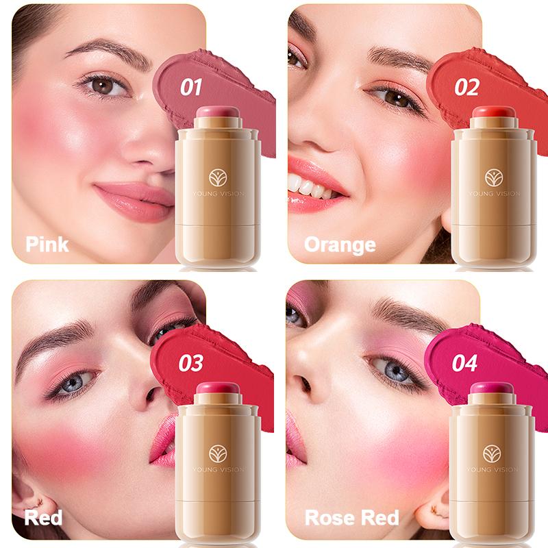 4-pc/set YOUNG VISION natural makeup effect face cream powder blusher, blush stick, waterproof matte pocket lipstick, lip gloss cosmetics, gifts 01+02+03+04