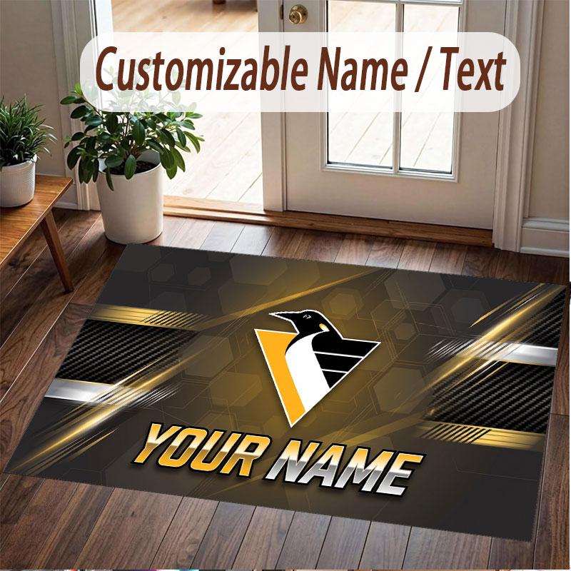Custom Rug Pittsburgh Penguins Pattern Print Name Text Soft Non‑Slip Floor Carpet for Home Indoor Decoration