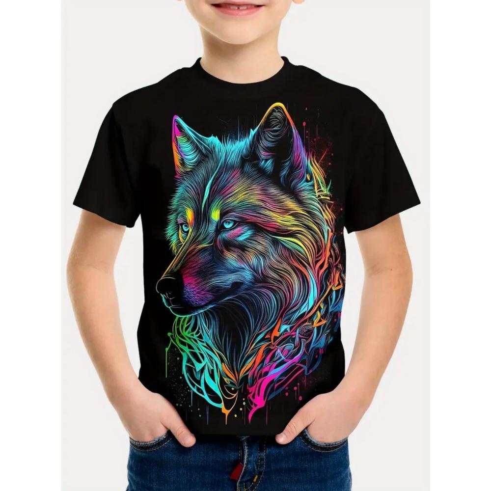 Cool Wolf Boy T-Shirt Tiger 3D Print Kids Short Sleeves Casual Comfortable Boys' Top Tees Outdoor Breathable Lightweight Clothes