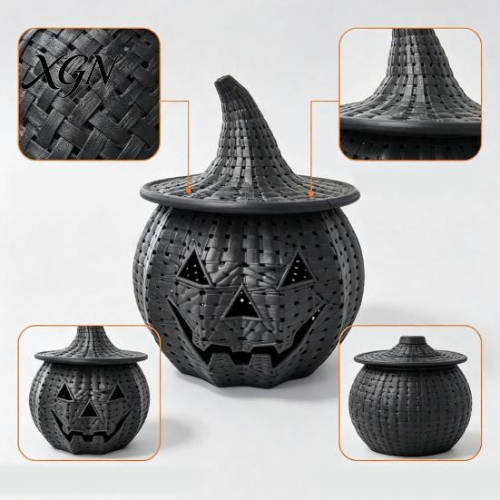 Functional Witch Theme Ornament Halloween Pumpkin Candy Jar, 3D Printed Woven Storage Container with Hat Lid, Ghost Face Desktop Ornament, Festive