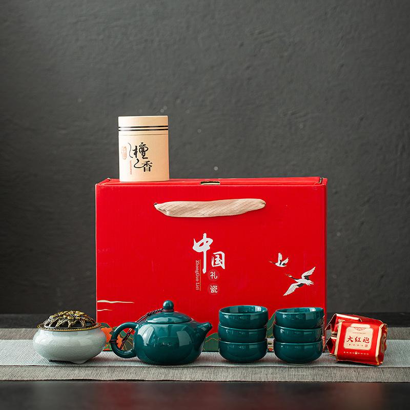 Guochao Business Cultural Gift Tea Set a Pot 6 Cups Celadon Xishi Pot Incense Sandalwood Combination Set a Piece of Hair