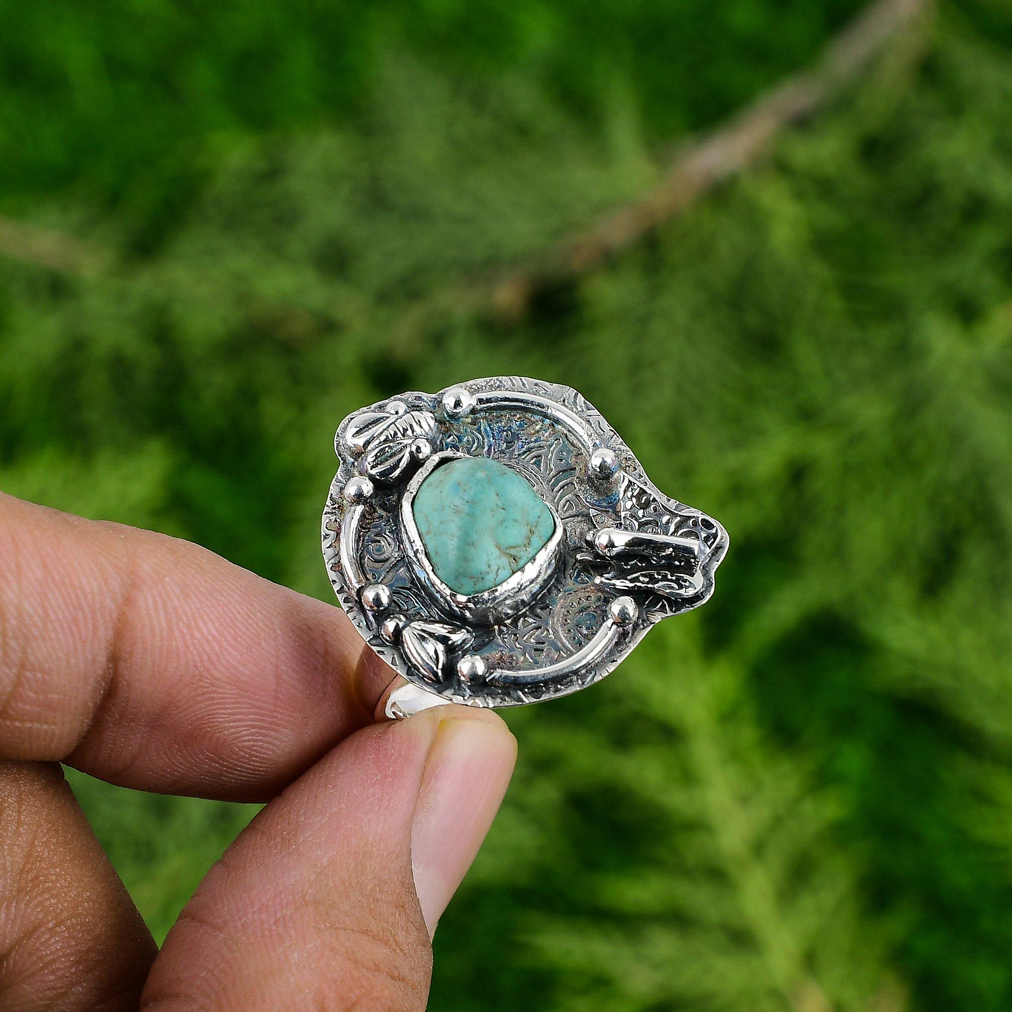 

Natural Tibetan Turquoise 925 Silver Handmade Bezel Solitaire Throat Chakra Ring Adjustable
