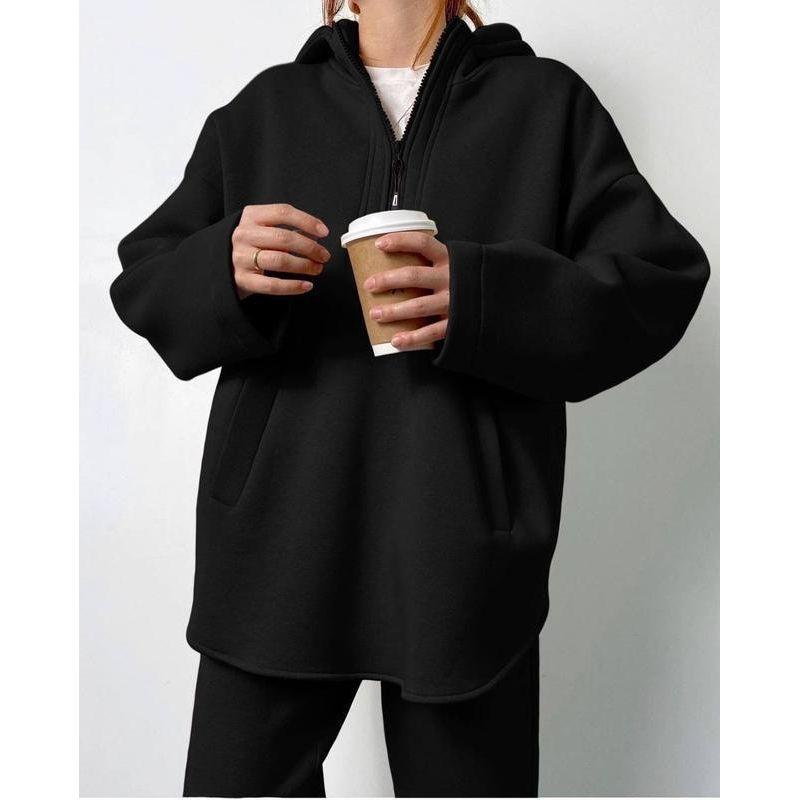 

2024 Весна и Осень Новинка Amazon eBay Внешняя Торговля Женская Одежда Модный Повседневный Костюм с Капюшоном на Молнии до Середины Длины Комплект из Двух Предметов Костюм Black L