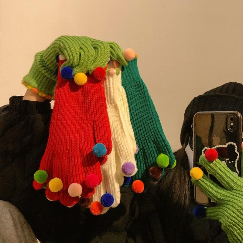 Colorful Ball Gloves for Women in Winter Cute Small Ball Touch Screen Exposed Fingers for Warmth Five Fingers for Cycling Warmth