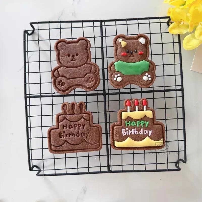 Cake Cookie Cutters Stamps Mold Happy Birthday Cute Bear Cookie Mold Frosting Biscuit Mould Fondant Cake Mold Baking Tools