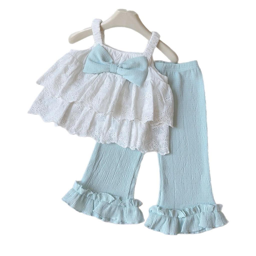 Girls' Summer Bowknot Camisole & Flare Pants Set, Two-Piece Cute New Arrival.