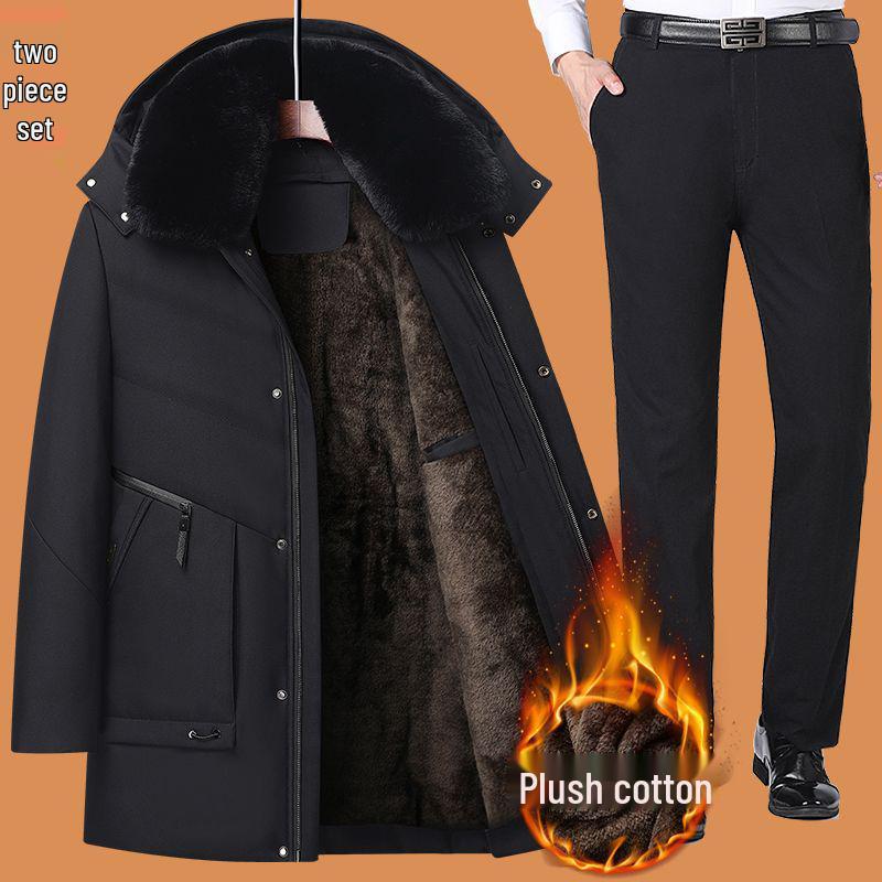 Dad's Winter Outfit: Velvet Thickened Cotton Jacket for Middle-Aged Men, Warm Mid-Length Padded Jacket for 50+