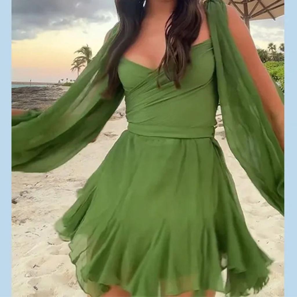 Women's V Neck Long Puff Sleeve Mini Dress Slim Fit Mid Waist Elegant Solid Wrap Chiffon Skater Mini Dress