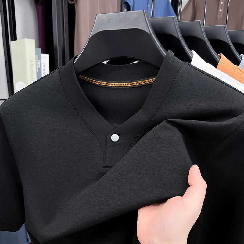 Spring and Summer Men's T-Shirt Premium Sense Short Sleeve V-Neck Casual Solid Color Top Bottom Shirt