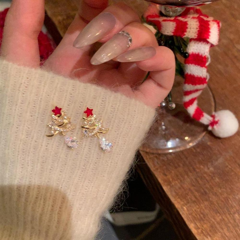 Zircon Christmas Tree Pearl Earrings for Women Light Luxury Drop Earrings Fashion Charm Zircon Christmas Gifts 2025 New In