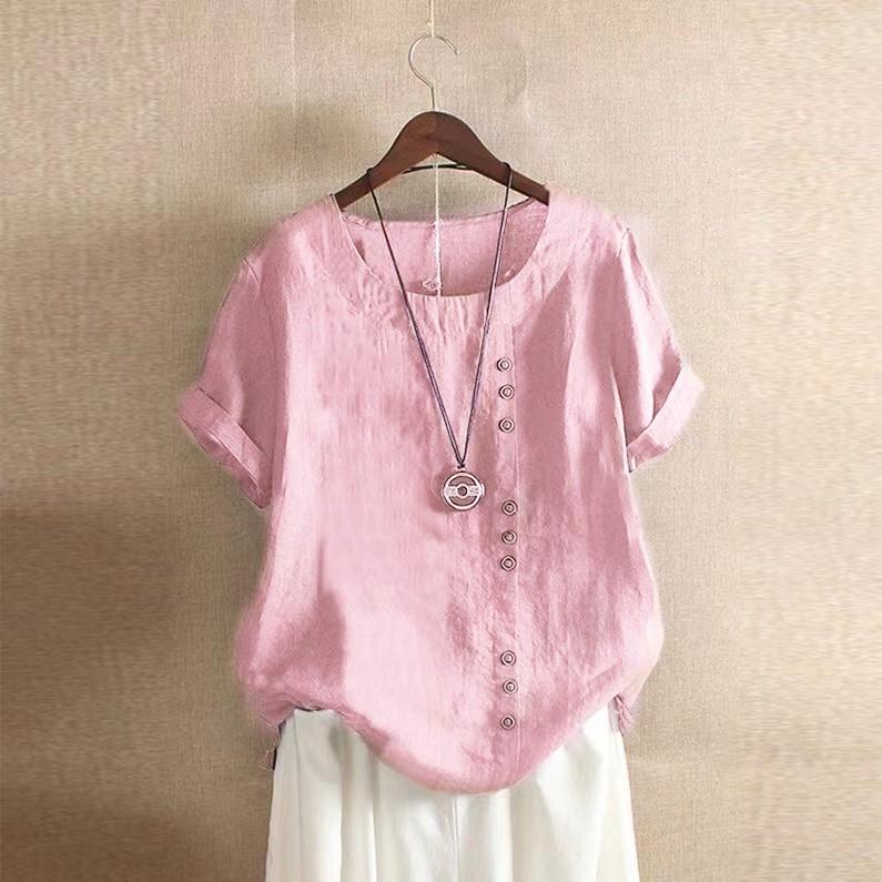 Damen Sommer 2025 Baumwolle Leinen Rundhals Locker Lässiges Hemd
