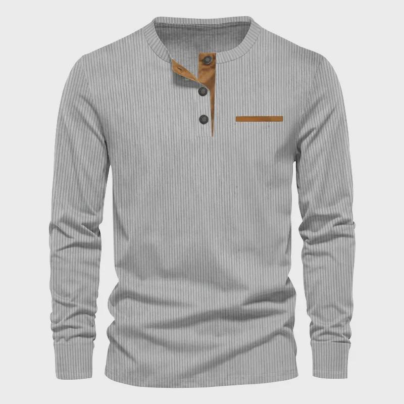2024 European & American Spring Men's Corduroy Henry Shirt - Long Sleeve Slim Casual T-Shirt