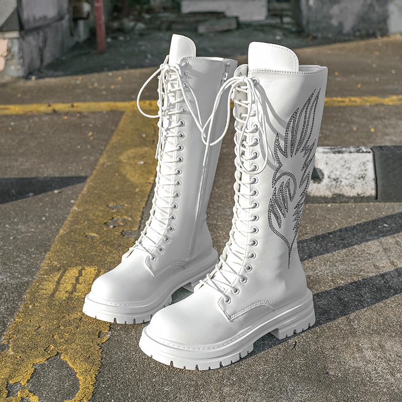 

Women s Boots Knee High Shoes Long Boot Platform Embroidery Designer Luxury Outdoor Casual Anti-slip Mid-heel Motorcyclist New 35