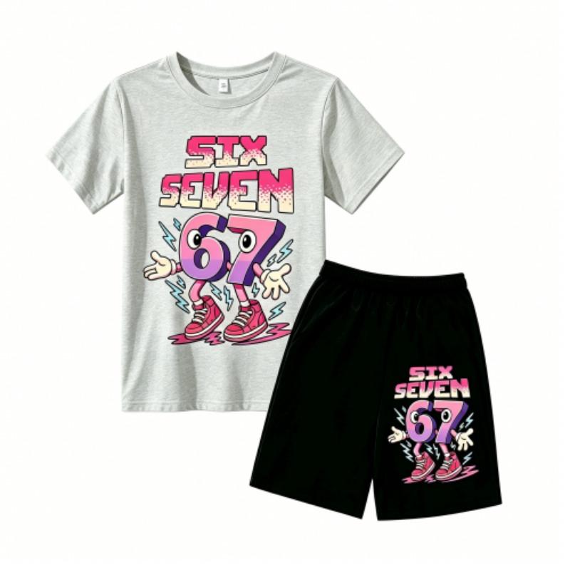 Fashion Cartoon 67 Graphic Print Outdoor Street Kids T-shirt and Shorts Summer Home Casual Outfit Boy and Girl's Sports Set