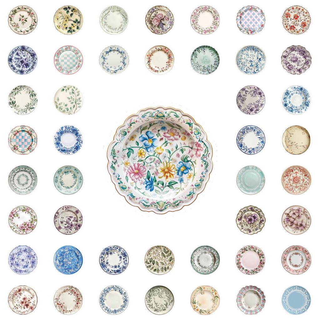 50 New Retro Floral Dinner Plate Stickers for Notebook Decoration