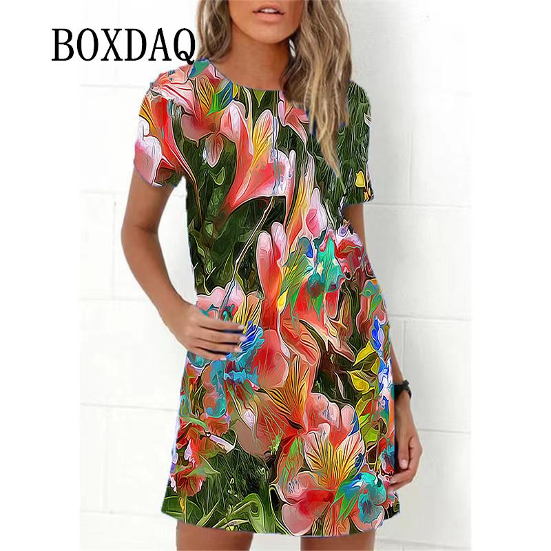 Gradient Colorful Flame Print Women Dresses Fashion Short Sleeve Loose A-Line Dress Oversized Summer Casual Beach Party Sundress