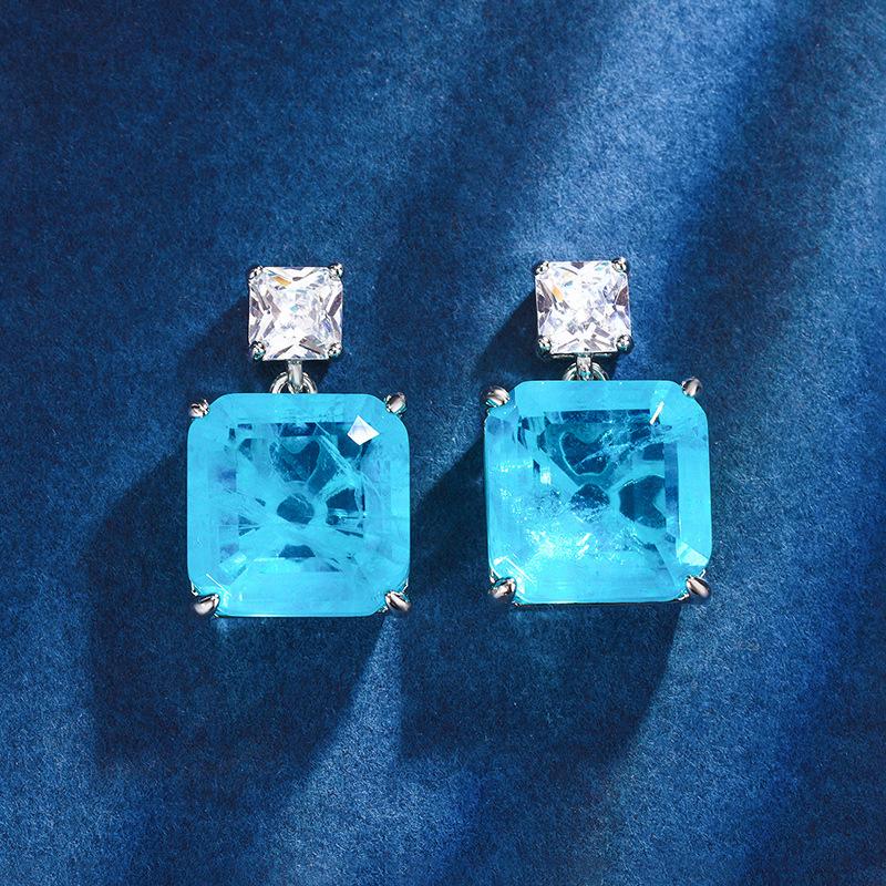 Jewelry Copper Bottom Gold-Plated Simulation Paraiba Temperament Princess Square Set Main Stone 14 * 14-12 * 12