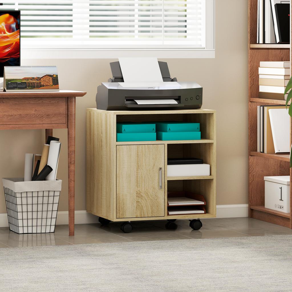 Multifunctional Printer Cabinet with Wheels and Shelves with Wide Storage Space 60x50x65.5 cm Natural