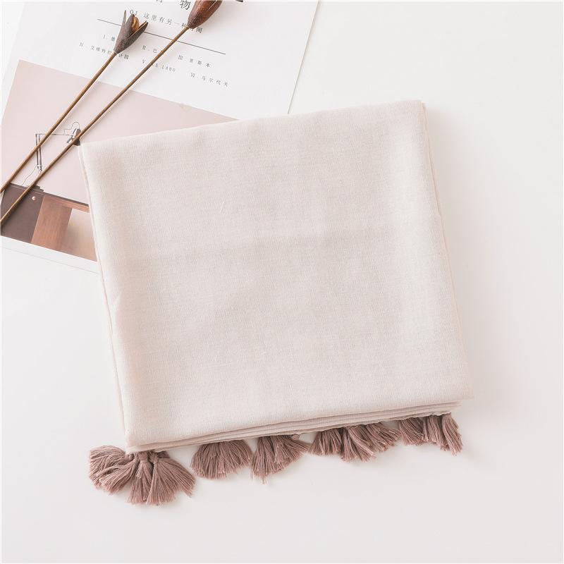 Super Beautiful Solid Color Bare Pink Shining Tassel Cotton and Hemp Scarf Long Silk Scarf Sunscreen Shawl Dual Use Japanese Original