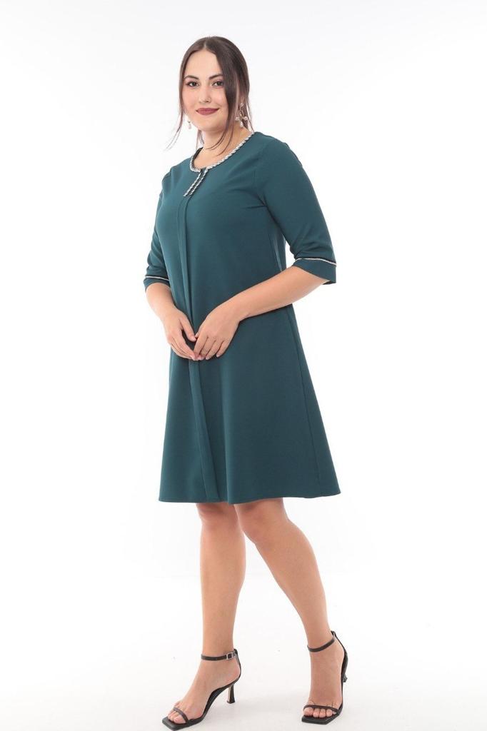 Women's Big Size Dress Plus Size Dress with Collar and Sleeve Stone Accessory Detail