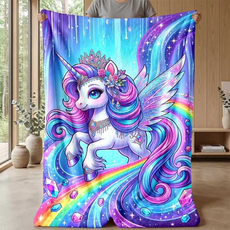 Rainbow Gem Unicorn Theme Blanket Lightweight Warm Flannel Blanket Decorative Throw Blanket for Home Decoration